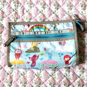 Lesportsac Artist zipper pouch rainbow sky blue pink inner bird art cosmetic bag